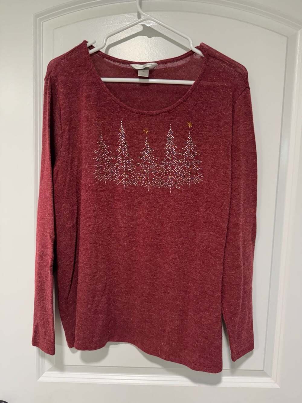 Holiday Christmas Rhinestone Tree Burgundy Sparkle Long Sleeve Top XL